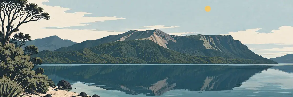 Screen-print illustration of Lake Tarawera beneath the volcanic peaks, Rotorua District