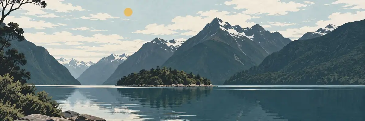Screen-print illustration of Lake Manapōuri and the Fiordland mountains, Southland District