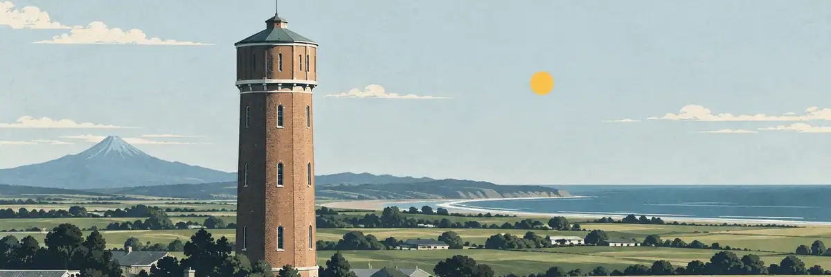 Screen-print illustration of the tall brick Hāwera Water Tower