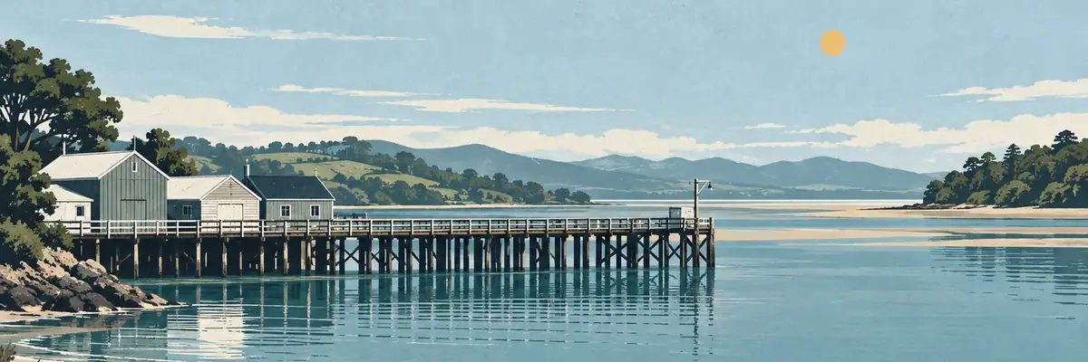 Screen-print illustration of Māpua Wharf