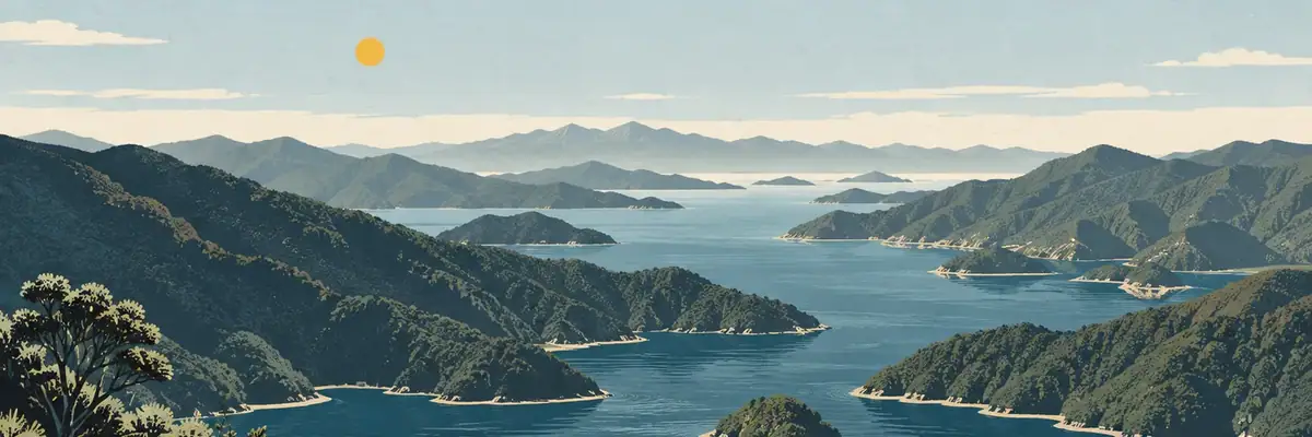 Screen-print illustration of the Marlborough Sounds’ drowned valleys and bush-clad ridgelines