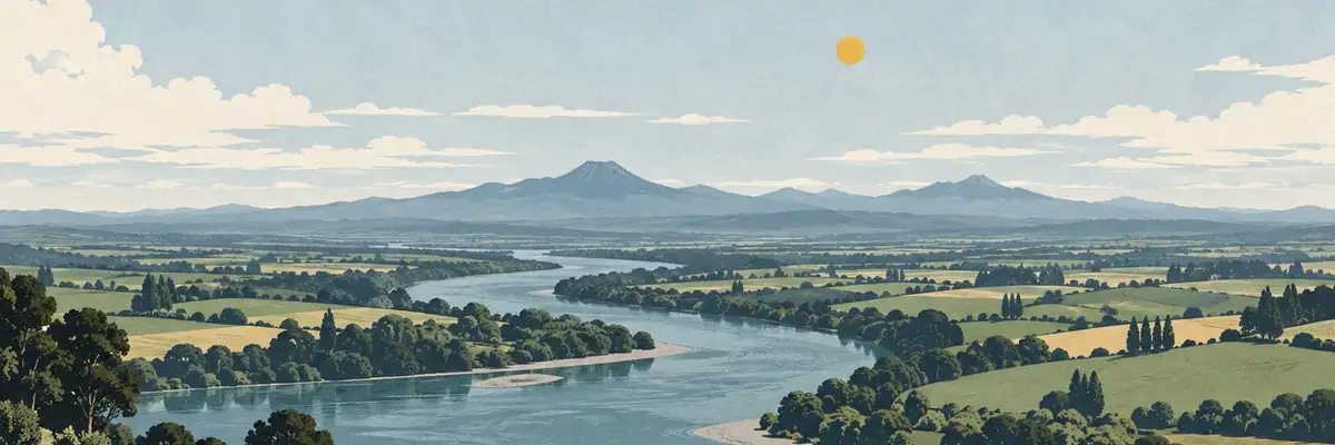 Screen-print illustration of the Waikato River winding through the broad green basin