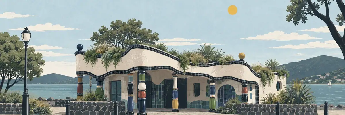 Screen-print illustration of the sculptural Hundertwasser public toilet building, Kawakawa